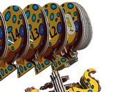Four stylized, yellow and blue-spotted mechanical heads are aligned in a row, numbered L4 to L1, with gears and tentacle-like details visible below on a white background—evoking the playful complexity of Eugy's eco-friendly EUGY Crab 3D Puzzle.