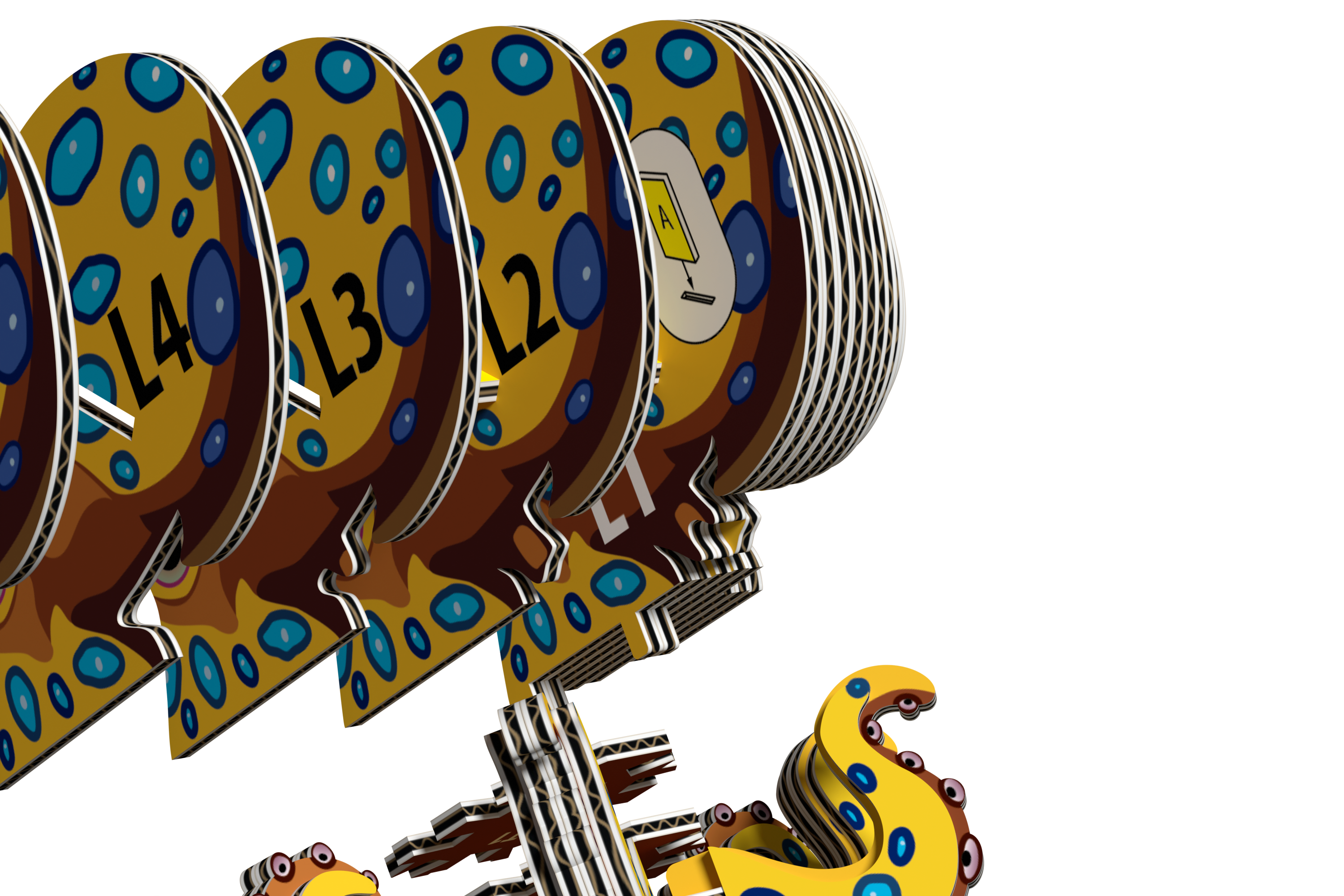 Four stylized, yellow and blue-spotted mechanical heads are aligned in a row, numbered L4 to L1, with gears and tentacle-like details visible below on a white background—evoking the playful complexity of Eugy's eco-friendly EUGY Crab 3D Puzzle.