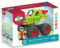 Toy packaging for the Smart Toys Mack Monster Truck, a green and yellow truck with red wheels and a smiling driver. Encourages imaginative play and motor skills. Battery-free and suitable for ages 1-5.