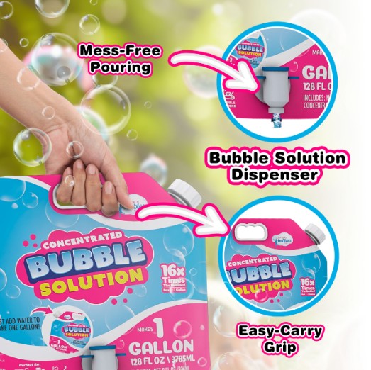A hand holds the South Beach Bubbles Concentrated Bubble Solution Spouted Refill Pouch, featuring a mess-free spout and easy-carry handle—perfect for bubble toys and machines, with floating bubbles surrounding the pouch.