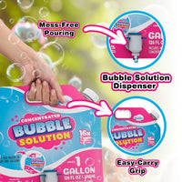 A hand holds the South Beach Bubbles Concentrated Bubble Solution Spouted Refill Pouch, featuring a mess-free spout and easy-carry handle—perfect for bubble toys and machines, with floating bubbles surrounding the pouch.