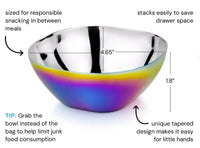The ahimsa Rainbow Smart Snacking Bowls (12 oz, 4-pack) feature a 4.65" diameter, 1.8" height, easy-grip design for toddlers, stackable storage, and help manage portions to limit junk food—ideal for healthy snacking.