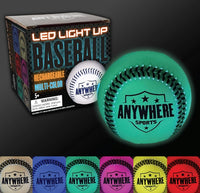 A Pro Glow Light-Up Baseball from Thin Air Brand, LLC is displayed next to its packaging, showcasing its vibrant illumination. Below, seven Pro Glow baseballs shine in an array of colors: white, blue, orange, green, red, pink, and purple.