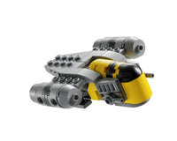 The LEGO 30728 The Razor Crest™ Mini-Build by LEGO is a compact Star Wars spaceship inspired by the Mandalorian’s Razor Crest, constructed with gray and yellow bricks, featuring two prominent side engines and a black cockpit, displayed against a white background.