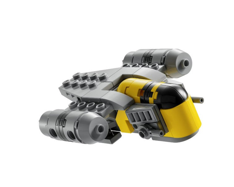 The LEGO 30728 The Razor Crest™ Mini-Build by LEGO is a compact Star Wars spaceship inspired by the Mandalorian’s Razor Crest, constructed with gray and yellow bricks, featuring two prominent side engines and a black cockpit, displayed against a white background.