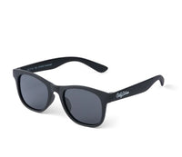 Introducing the Black Kids Polarized Sunglasses by Baby Sunnies, designed for ages 3-8 years. These stylish shades feature a classic wayfarer frame with a matte black finish and dark polarized lenses for superior UV protection. Adorned with a white Baby Sunnies logo on the left temple, they combine modern flair with eye safety, making them ideal for kids who want both functional sun protection and sleek style—all showcased beautifully against a white background.