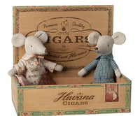 Maileg Grandma and Grandpa Mice in Cigarbox by Maileg feature two fabric mice dressed as grandparents, nestled inside a decorative vintage-style cigar box—an ideal addition to any Maileg collection.