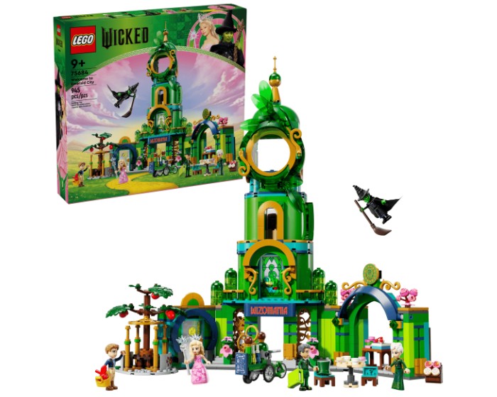 LEGO Wicked Welcome to Emerald City set by LEGO features a vibrant green and yellow Emerald City castle, multiple minifigures, trees, a flying witch, and an illustrated box displaying the set. The scene bursts with colorful fantasy elements and iconic characters from the story.