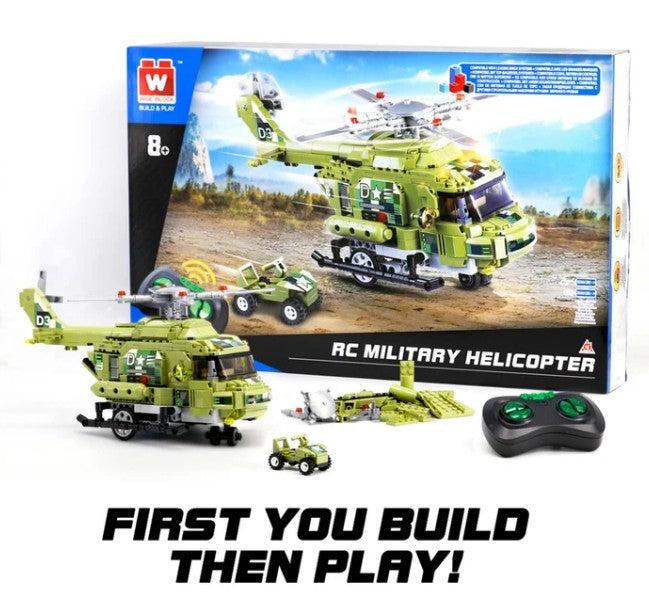 Alpha Toys Military Helicopter building set features a green toy helicopter, small vehicles, and a remote control for exciting RC-style play. The box displays the slogan “First you build then play!” Suitable for ages 8 and up.