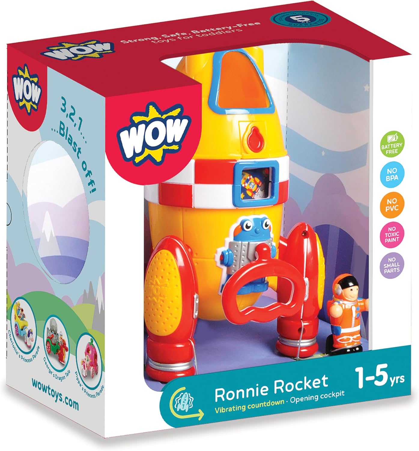 Toy packaging for “Ronnie Rocket” by Smart Toys, a colorful rocket playset with robot and astronaut figures for ages 1-5. The box highlights safety features and encourages imaginative play.