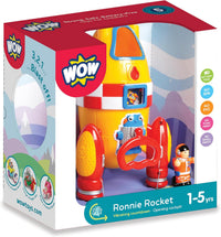 Toy packaging for “Ronnie Rocket” by Smart Toys, a colorful rocket playset with robot and astronaut figures for ages 1-5. The box highlights safety features and encourages imaginative play.
