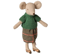 The Maileg Grandma Mouse from Maileg features a charming stuffed mouse doll dressed in a green knitted sweater, plaid skirt, brown felt shoes, and sporting large round ears—perfect for imaginative play as part of the Maileg mouse family.