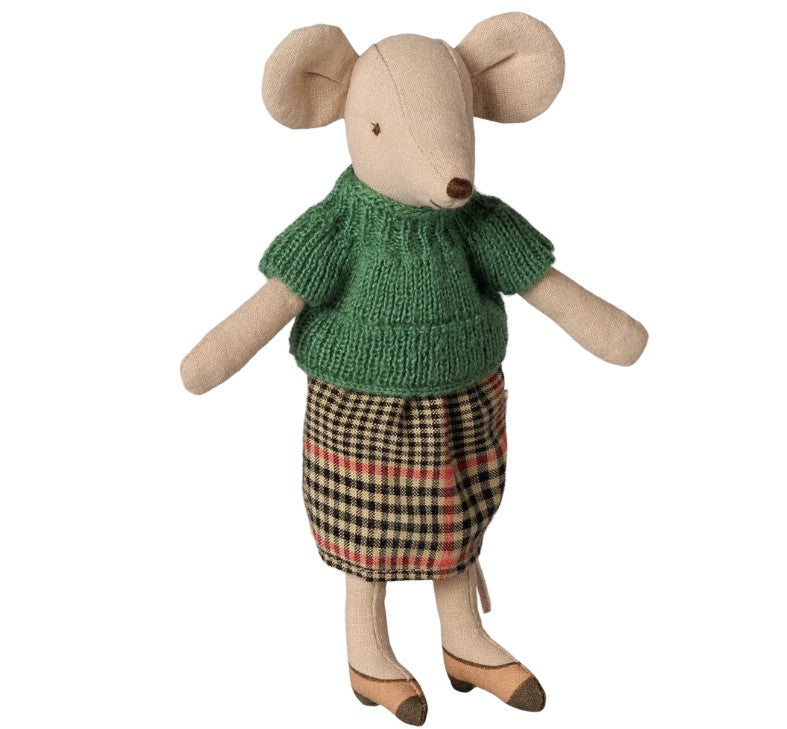 The Maileg Grandma Mouse from Maileg features a charming stuffed mouse doll dressed in a green knitted sweater, plaid skirt, brown felt shoes, and sporting large round ears—perfect for imaginative play as part of the Maileg mouse family.