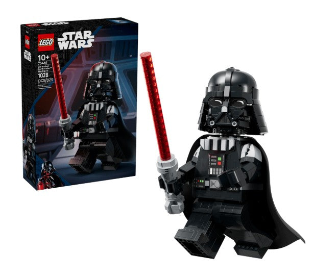 LEGO 75439 Darth Vader Bust displayed next to its box, which shows the LEGO and Star Wars logos and is recommended for ages 10+. Perfect for any Star Wars collector, this impressive set features authentic details, including the iconic Darth Vader helmet, making it an ideal display piece alongside your other LEGO Star Wars collectibles.
