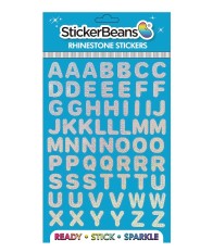 Introducing the StickerBean Mini Alphabet Sticker Set by StickerBean, a collection of rhinestone stickers shaped like uppercase letters and neatly arranged in rows on a blue background. Ideal for use as personalized craft stickers or journaling stickers, the packaging prominently displays “StickerBeans Rhinestone Stickers” at the top.