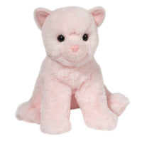 The Douglas Cadie Princess Cat Mini Soft is a plush pink cat that sits upright with round black eyes, a small pink nose, and floppy ears. Friendly and cuddly, this stuffed animal makes the perfect companion.