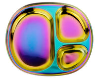 The ahimsa Rainbow Balanced Bites Compartment Plate features three sections and a vibrant iridescent finish, making it a perfect stainless steel divided plate for kids' fun, organized meals—shown here on a white background.
