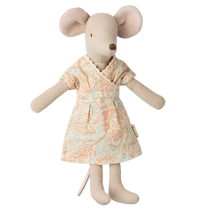 The Maileg Mum Mouse by Maileg features a plush design with large round ears, a pointed nose, long tail, and a light dress with an orange floral pattern—ideal for family-themed play and Maileg mouse collections.