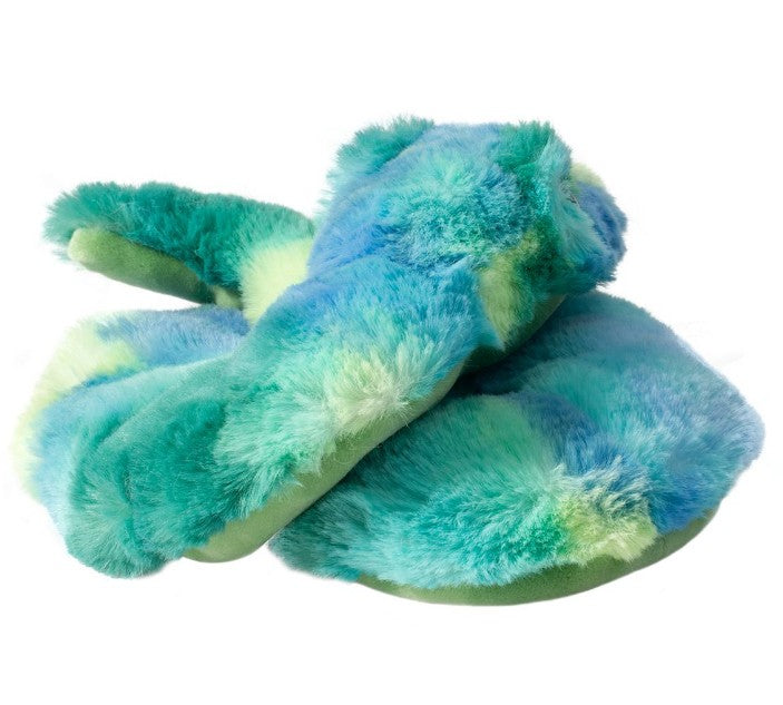 Step into comfort with Douglas's Pretzel Snake slippers—cozy, plush, and whimsically coiled in soft teal, blue, and green fabric. Perfect for stuffed animal lovers who want fun snake-shaped slippers on their feet!.