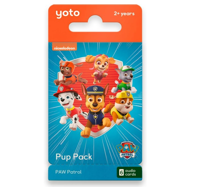 The Yoto PAW Patrol Pup Pack is ideal for ages 2+, featuring six brave pups on a red shield. Includes 6 audio cards for Yoto Player, with official Nickelodeon and PAW Patrol logos. Brand: Yoto.