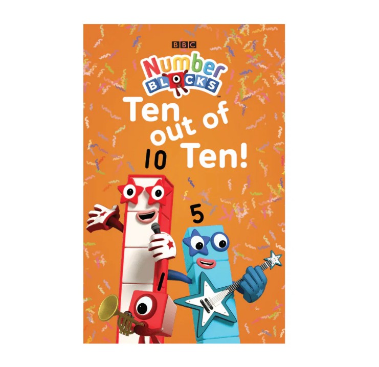 The Yoto Sing with Numberblocks cover by Yoto features Numberblocks 10 and 5 on an orange background. Numberblock 10 holds a saxophone and 5 a guitar, celebrating with “Ten out of Ten!”—ideal for fans of educational songs.