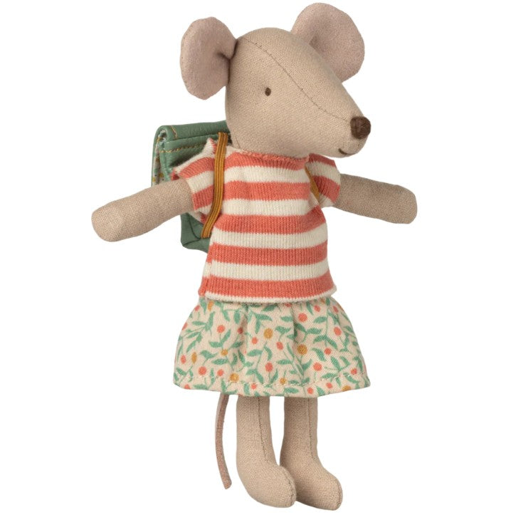The Maileg Tricycle Mouse, Big Sister - Green by Maileg features a soft toy mouse in a red and white striped shirt, floral skirt, and green backpack—perfect for imaginative play or pairing with tricycle accessories.