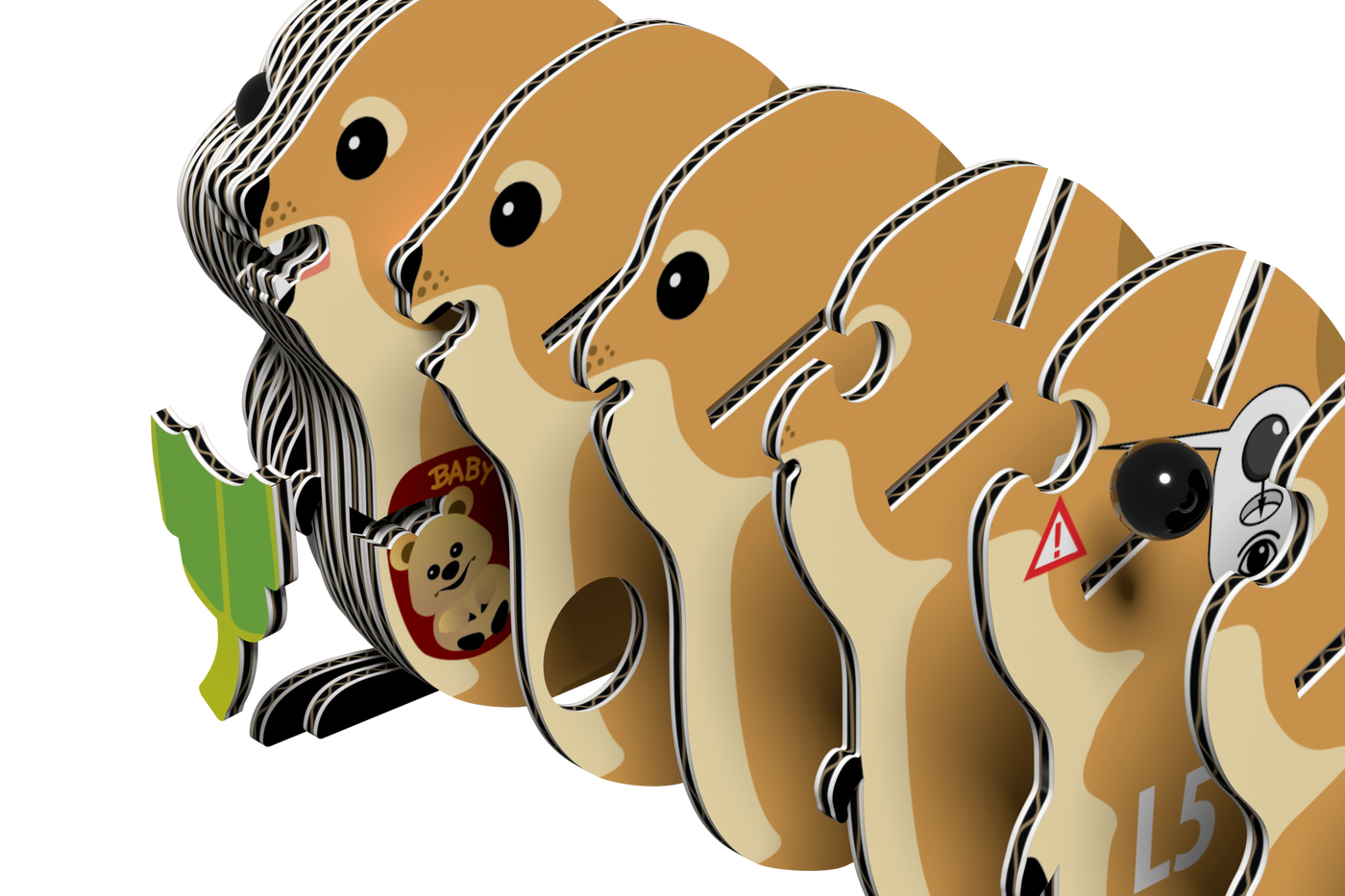 Five stylized cartoon quokkas from the EUGY Quokka 3D Puzzle by Eugy are arranged in a row, each featuring unique markings and playful accessories—including a baby emblem, caution symbol, and green leaf—set against a plain white background. Perfect as an eco-friendly 3D puzzle or unique STEM toy inspiration, these charming designs showcase the creativity of Eugy’s puzzle series.