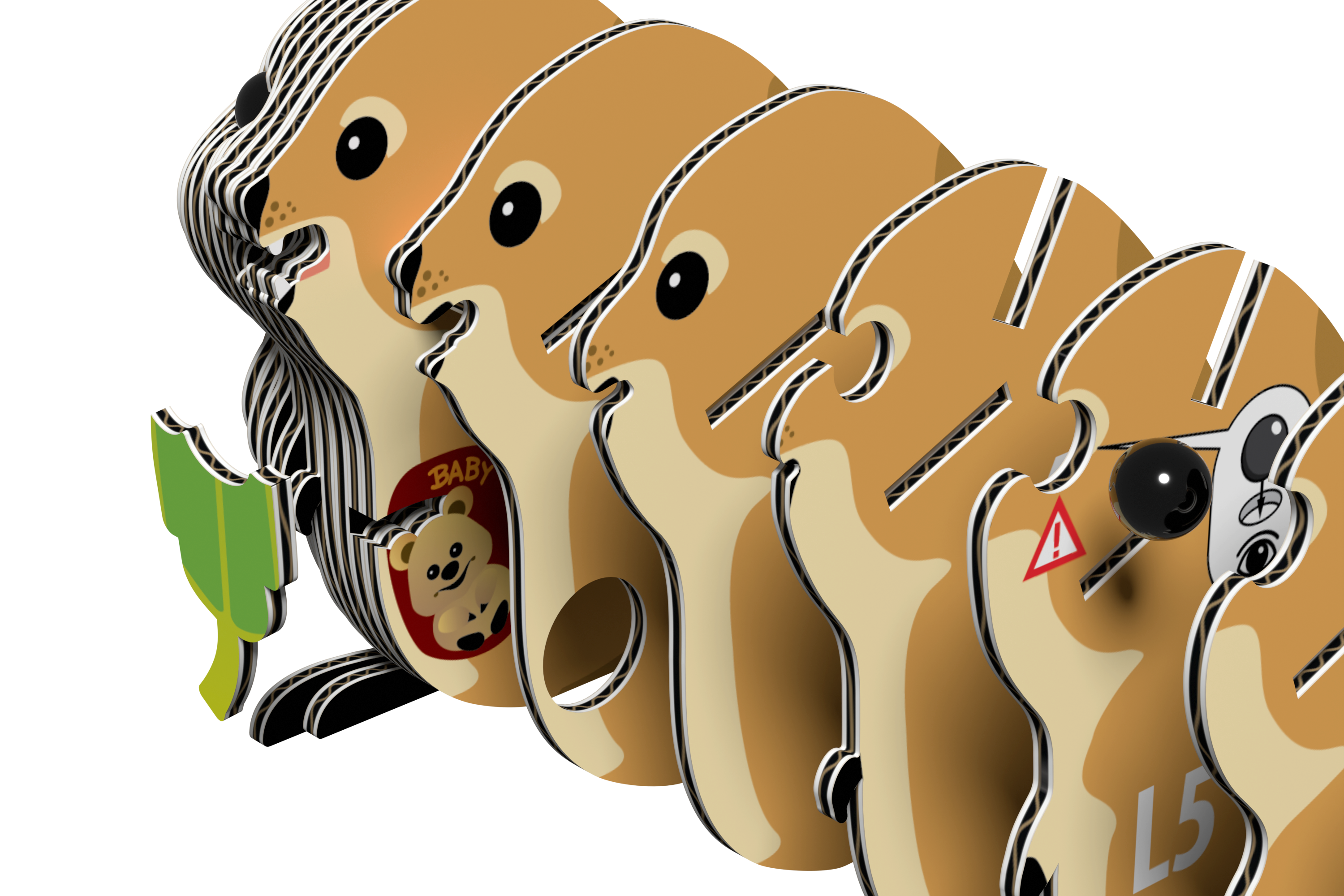 Five stylized cartoon quokkas from the EUGY Quokka 3D Puzzle by Eugy are arranged in a row, each featuring unique markings and playful accessories—including a baby emblem, caution symbol, and green leaf—set against a plain white background. Perfect as an eco-friendly 3D puzzle or unique STEM toy inspiration, these charming designs showcase the creativity of Eugy’s puzzle series.