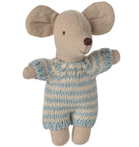 The Maileg Baby Mouse In Carry Cot - Blue by Maileg features a beige fabric mouse with large ears, a brown stitched nose, and an embroidered smile, dressed in a blue and cream striped outfit—perfect for cozy play.