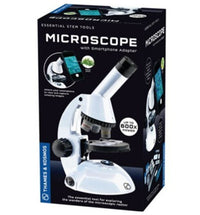The Thames & Kosmos Microscope with Smartphone Adapter is perfect for STEM learning, offering up to 600x magnification. The package shows the microscope with a phone attached and features the Thames & Kosmos brand on the side.