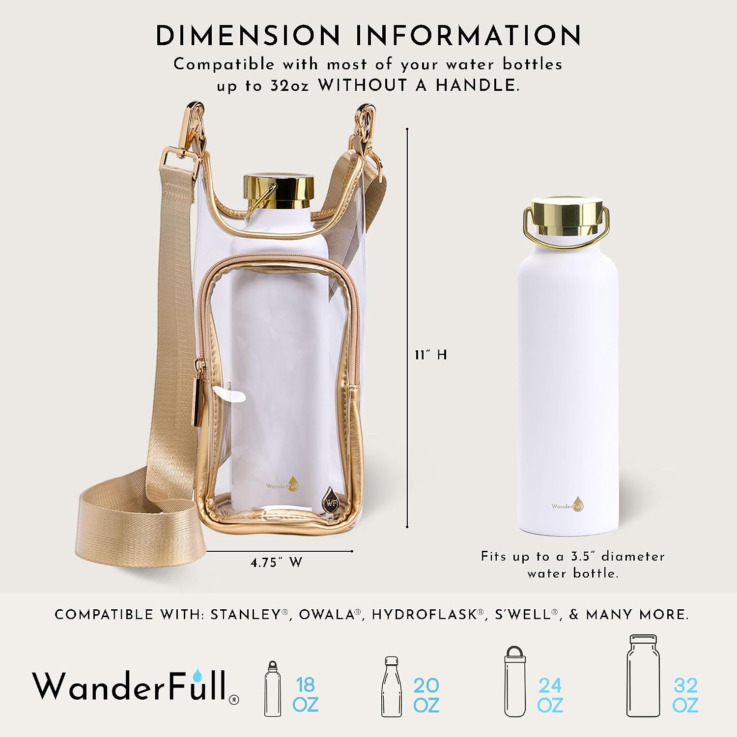 The Wander Full Brand Clear Stadium HydroBag Gold features a sleek crossbody design with a dedicated water bottle compartment, measuring 4.75" W x 11" H to fit bottles up to 3.5" in diameter and 32oz (without a handle). This clear bag includes a stylish gold strap and is compatible with select brands listed below. A white water bottle is shown inside for reference.