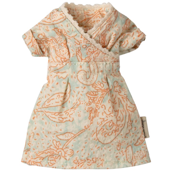A charming, short-sleeved doll dress with a light blue background and orange floral pattern, designed for Maileg Mum Mouse by Maileg. Features a wrap-style front and lace trim—perfect for imaginative family-themed play.
