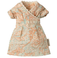 A charming, short-sleeved doll dress with a light blue background and orange floral pattern, designed for Maileg Mum Mouse by Maileg. Features a wrap-style front and lace trim—perfect for imaginative family-themed play.
