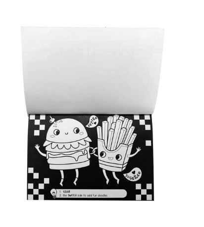 The Switch-eroo!: Color-Changing Activity Kit from Ooly features a playful coloring book page with a cartoon burger and fries holding hands, both smiling and saying "Better" and "Together" in speech bubbles. Ideal for creative activities, this kit invites children to color the cheerful scene and use the back of the page for extra doodles. Instructions at the bottom encourage kids to get imaginative with their art materials.