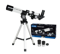 The Thames & Kosmos Telescope by Thames & Kosmos is a white and black kids' telescope on a silver tripod, shown with two eyepieces and a lens cap beside its box, which features an image of the telescope and accessories—ideal for STEM learning.