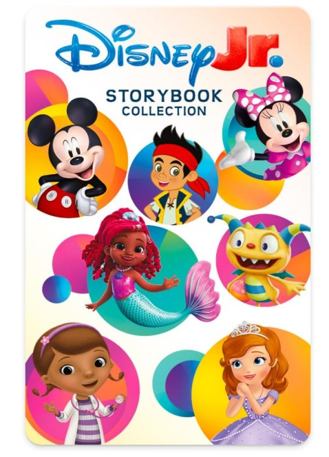 Cover of the Yoto Disney Junior Storybook Collection by Yoto, featuring Mickey Mouse, Jake, Minnie Mouse, Doc McStuffins, a mermaid, yellow monster, and princess—perfect for enjoying Disney Junior stories on your Yoto Player.