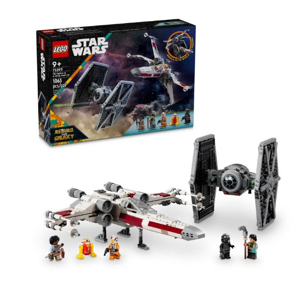 The LEGO TIE Fighter & X-Wing Mash-up by LEGO features buildable starfighters, including detailed X-Wing and TIE Fighter models, five minifigures, and a box in the background showcasing these iconic Star Wars vehicles soaring through space. With 1,063 pieces and designed for ages 9+, this set offers an immersive building experience for fans.