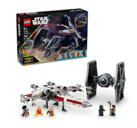 The LEGO TIE Fighter & X-Wing Mash-up by LEGO features buildable starfighters, including detailed X-Wing and TIE Fighter models, five minifigures, and a box in the background showcasing these iconic Star Wars vehicles soaring through space. With 1,063 pieces and designed for ages 9+, this set offers an immersive building experience for fans.