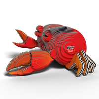 The Eugy EUGY Crab 3D Puzzle is a colorful model made from stacked, curved cardboard pieces in red, orange, and black, featuring "EUGY Crab" printed on its side. This eco-friendly toy from Eugy serves as both a fun STEM craft activity and an engaging puzzle for kids.