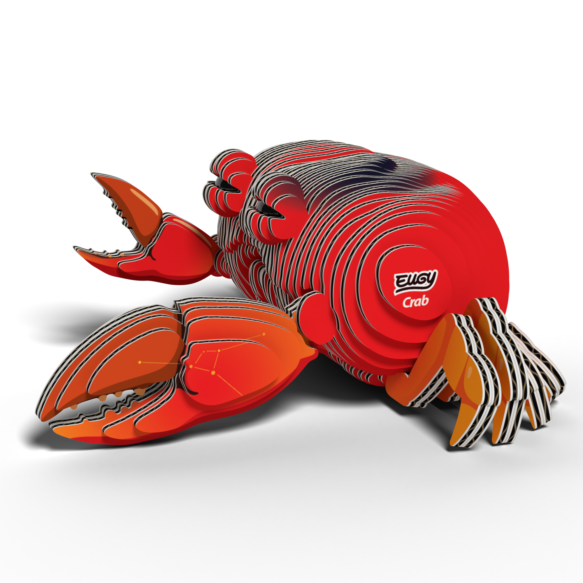 The Eugy EUGY Crab 3D Puzzle is a colorful model made from stacked, curved cardboard pieces in red, orange, and black, featuring "EUGY Crab" printed on its side. This eco-friendly toy from Eugy serves as both a fun STEM craft activity and an engaging puzzle for kids.