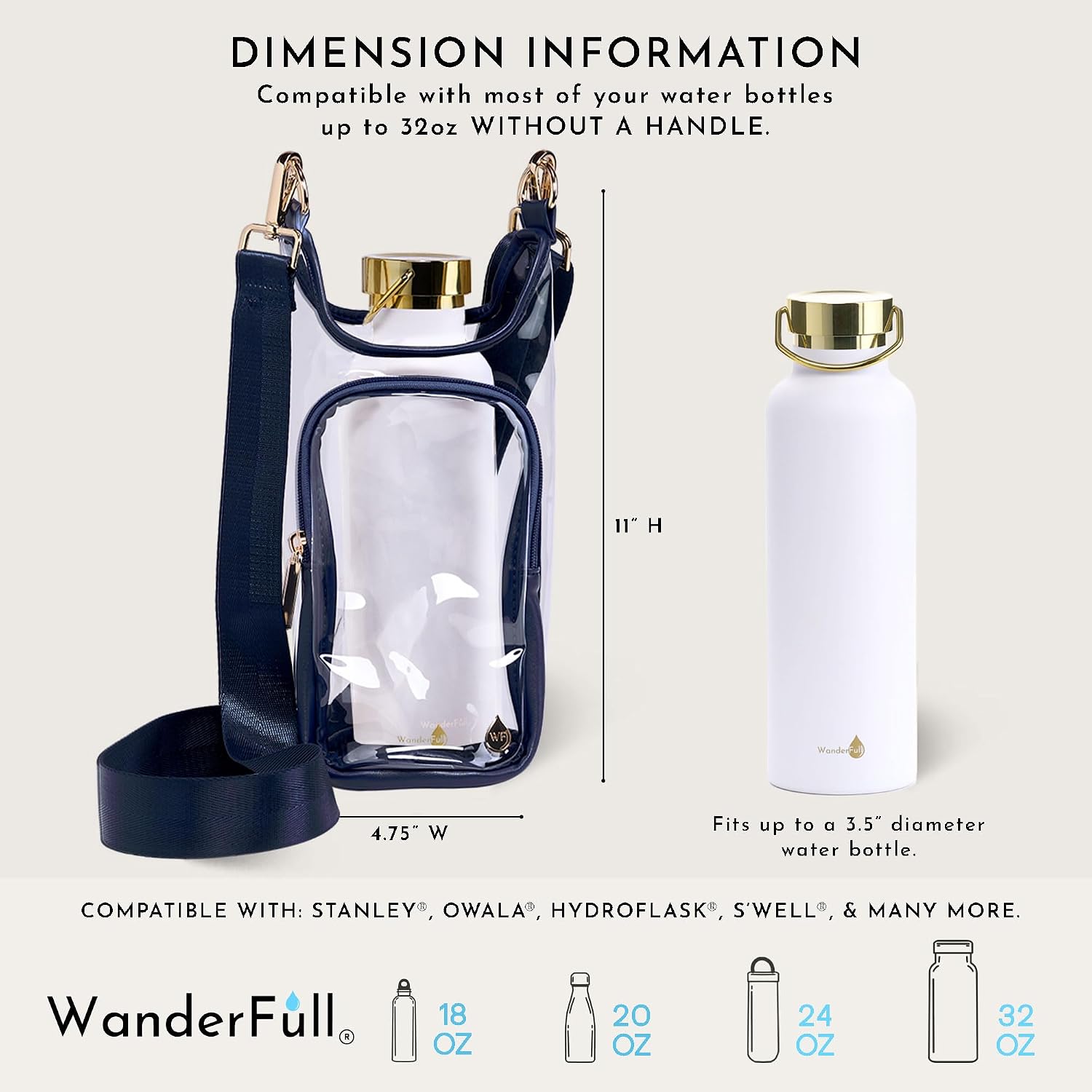 The Wander Full Brand Clear Stadium HydroBag Navy features a clear design with navy trim and strap, perfectly sized at 11" tall by 4.75" wide to fit bottles up to 32oz and 3.5" in diameter from brands such as Stanley, Hydroflask, Swell, and Owala. This versatile crossbody hydrobag is ideal for carrying both your water bottle and essentials in style.
