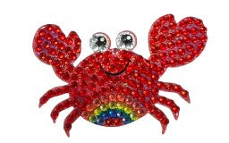 A cheerful StickerBean Scarlette sticker from StickerBean, featuring a shiny, gem-like red crab with big eyes, a smiling mouth, and a rainbow pattern on its lower body—ideal for fans of playful character designs.