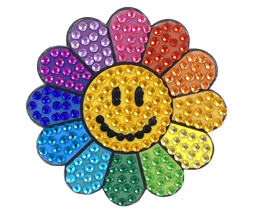 At the center of the StickerBean Rainbow Daisy sticker by StickerBean is a smiling face, surrounded by rainbow-colored petals adorned with shiny, gem-like beads for a cheerful and vibrant design.
