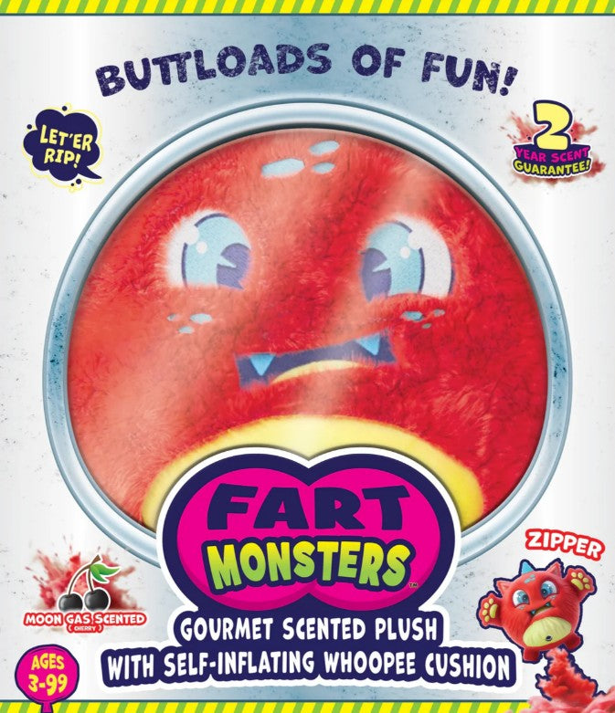 The 10" Fart Monsters: Zipper (Cherry Scent) by Scentco is a round, red plush monster with blue eyes and a zipper mouth. Its packaging showcases cherry-scented fabric, a built-in self-inflating whoopee cushion, and indicates it's suitable for ages 3–99. Surrounded by bright, playful graphics, this toy makes a unique gift for both kids and adults.