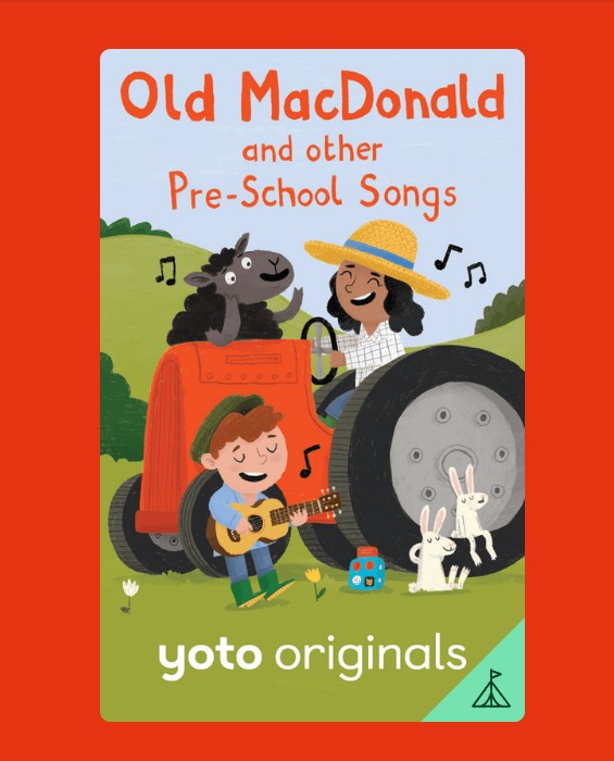Illustration of a smiling woman on a tractor with a black sheep, boy playing guitar, and two white rabbits in grass. Features “Yoto Old MacDonald and other Pre-School Songs” audio card nursery rhymes on a red background by Yoto.