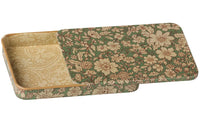 The Maileg Metal Box with Sliding Lid - Blossom - Blue by Maileg is a rectangular keepsake box featuring a sliding lid. This charming piece is adorned with a blue and beige floral pattern, while the interior showcases a light beige design. Perfect for storing your cherished miniature items.