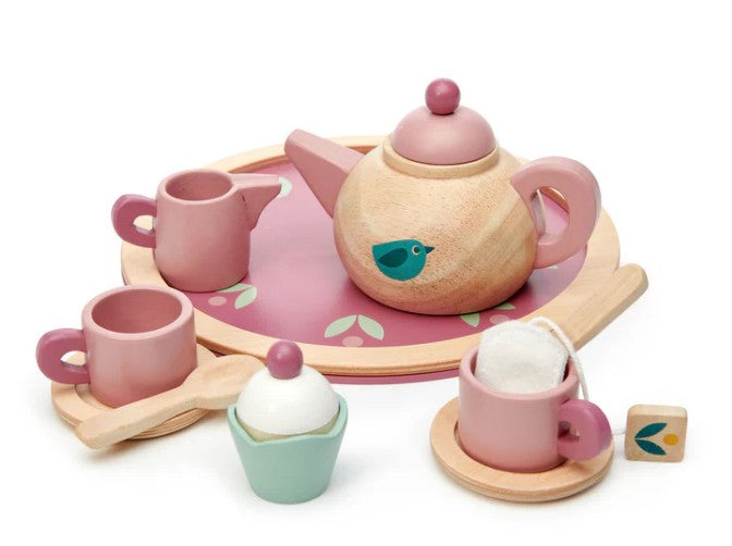 The Tenderleaf Birdie Afternoon Tea Stand is a charming wooden toy tea set for pretend play, featuring a teapot, cups, cupcake, and pastel pink and green pieces on a round tray—perfect for a delightful tea party.