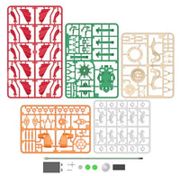 Five colorful plastic model sprues, a battery, screws, a small motor, and rods are arranged neatly on a white background, showcasing all the parts included in the Thames & Kosmos SolarFlower - Ruby Ripple educational mechanical kit for demonstrating renewable energy concepts.
