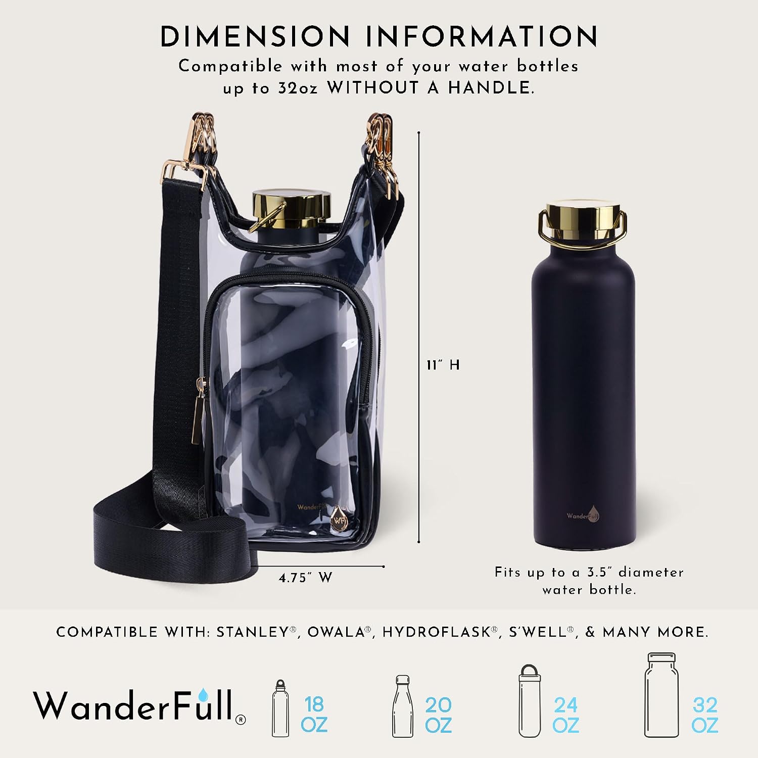 The Clear Stadium HydroBag Black by Wander Full Brand sits next to a black water bottle. Text indicates the bag measures 11" high by 4.75" wide, designed to fit bottles up to 32oz (without handles). This crossbody hydrobag is a convenient water bottle holder compatible with Stanley, Owala, Hydroflask, and Swell bottles.