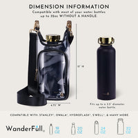 The Clear Stadium HydroBag Black by Wander Full Brand sits next to a black water bottle. Text indicates the bag measures 11" high by 4.75" wide, designed to fit bottles up to 32oz (without handles). This crossbody hydrobag is a convenient water bottle holder compatible with Stanley, Owala, Hydroflask, and Swell bottles.